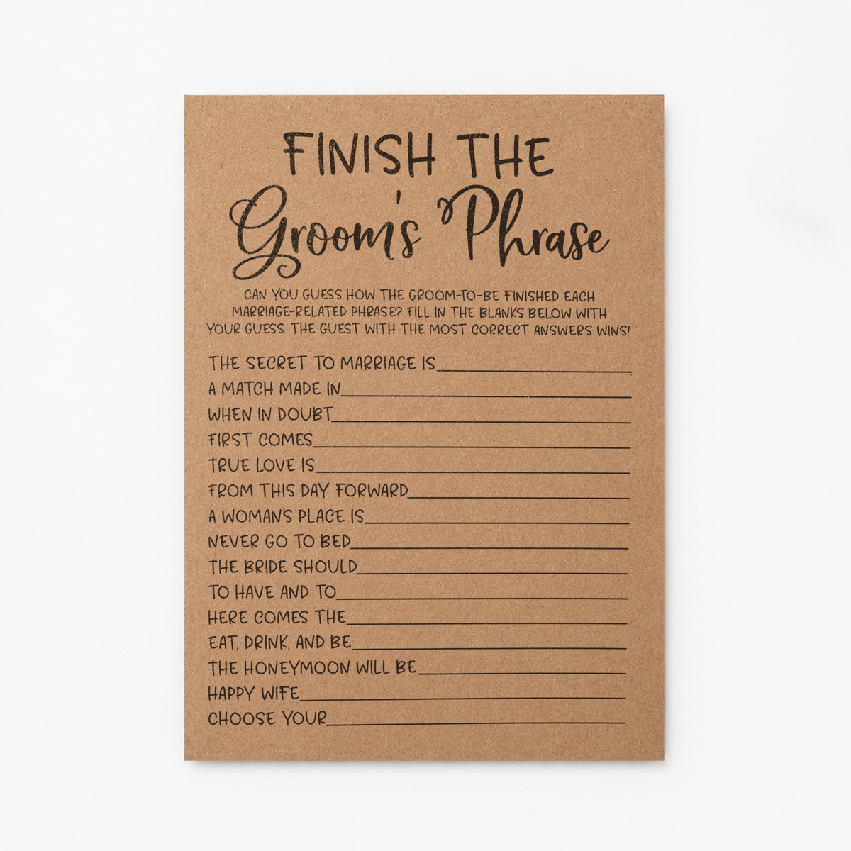 Finish the Groom's Phrase Bridal Shower Game