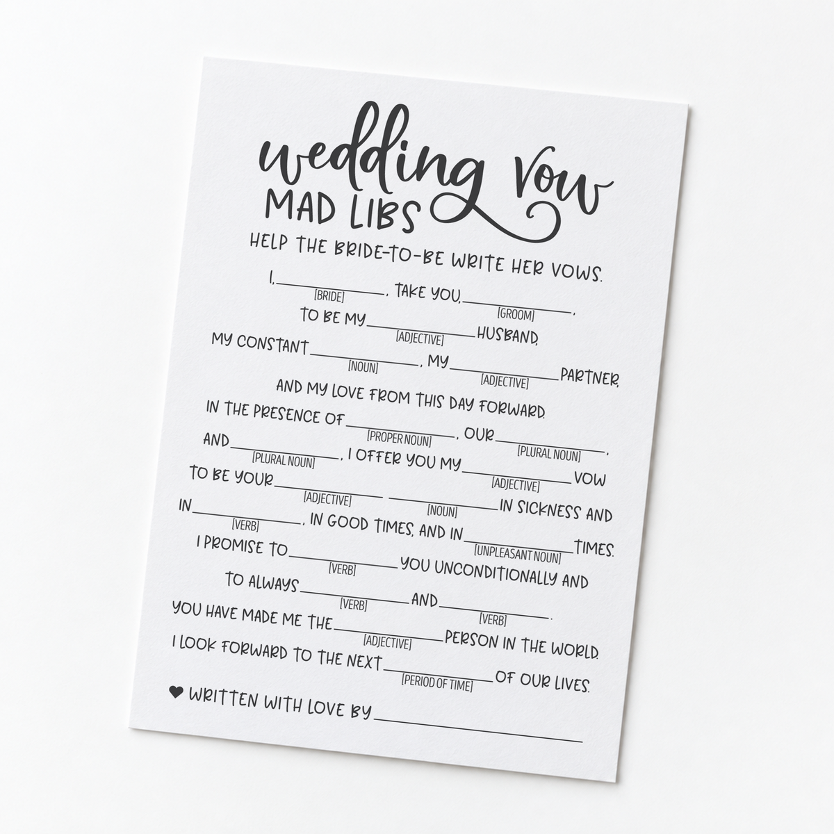 Wedding Vow Mad Libs Bridal Shower Game