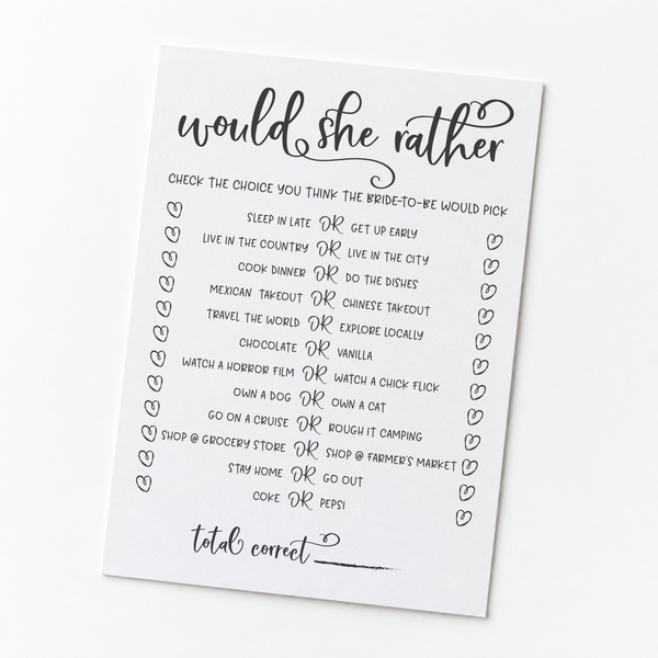Would She Rather Bridal Shower Game