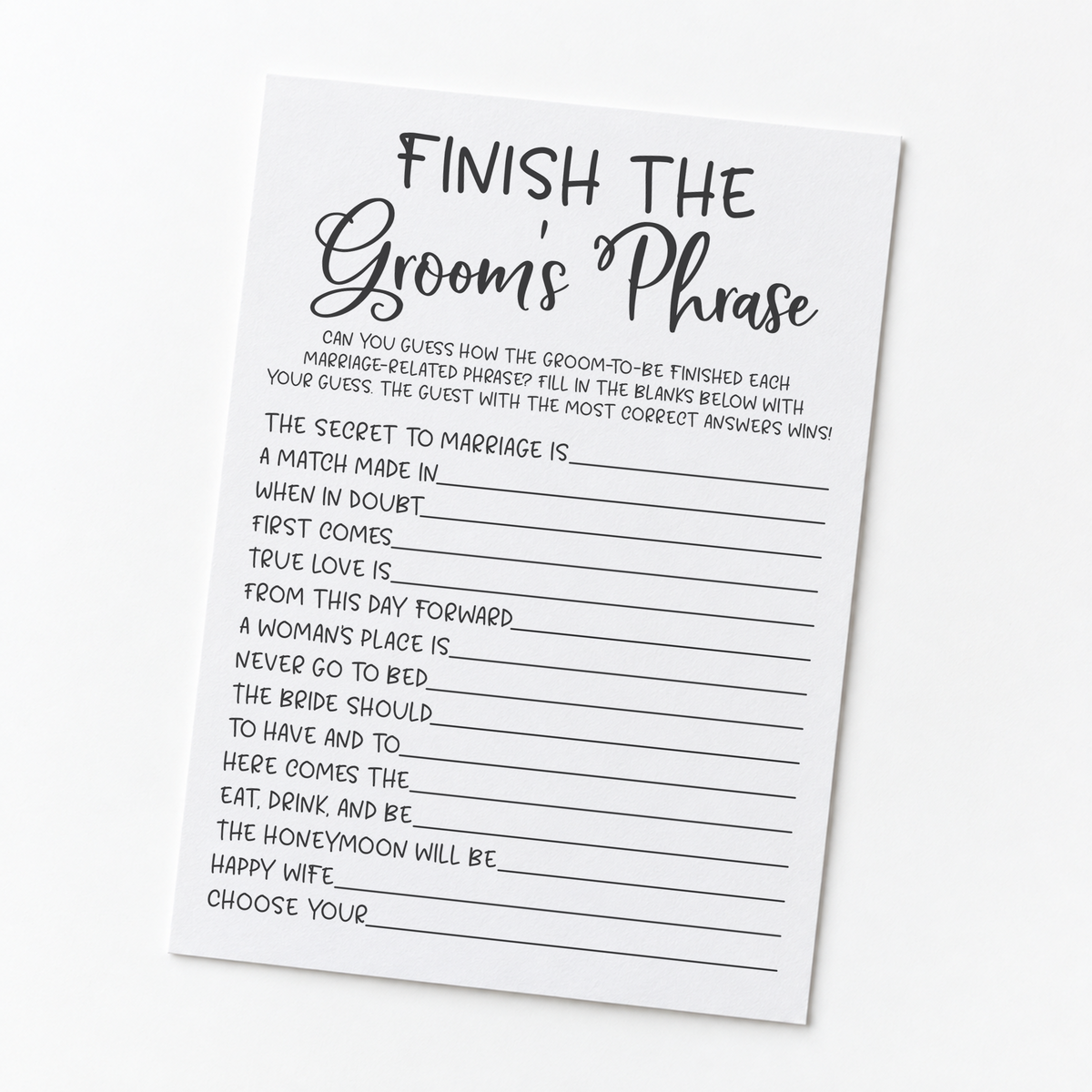 Finish the Groom's Phrase Bridal Shower Game