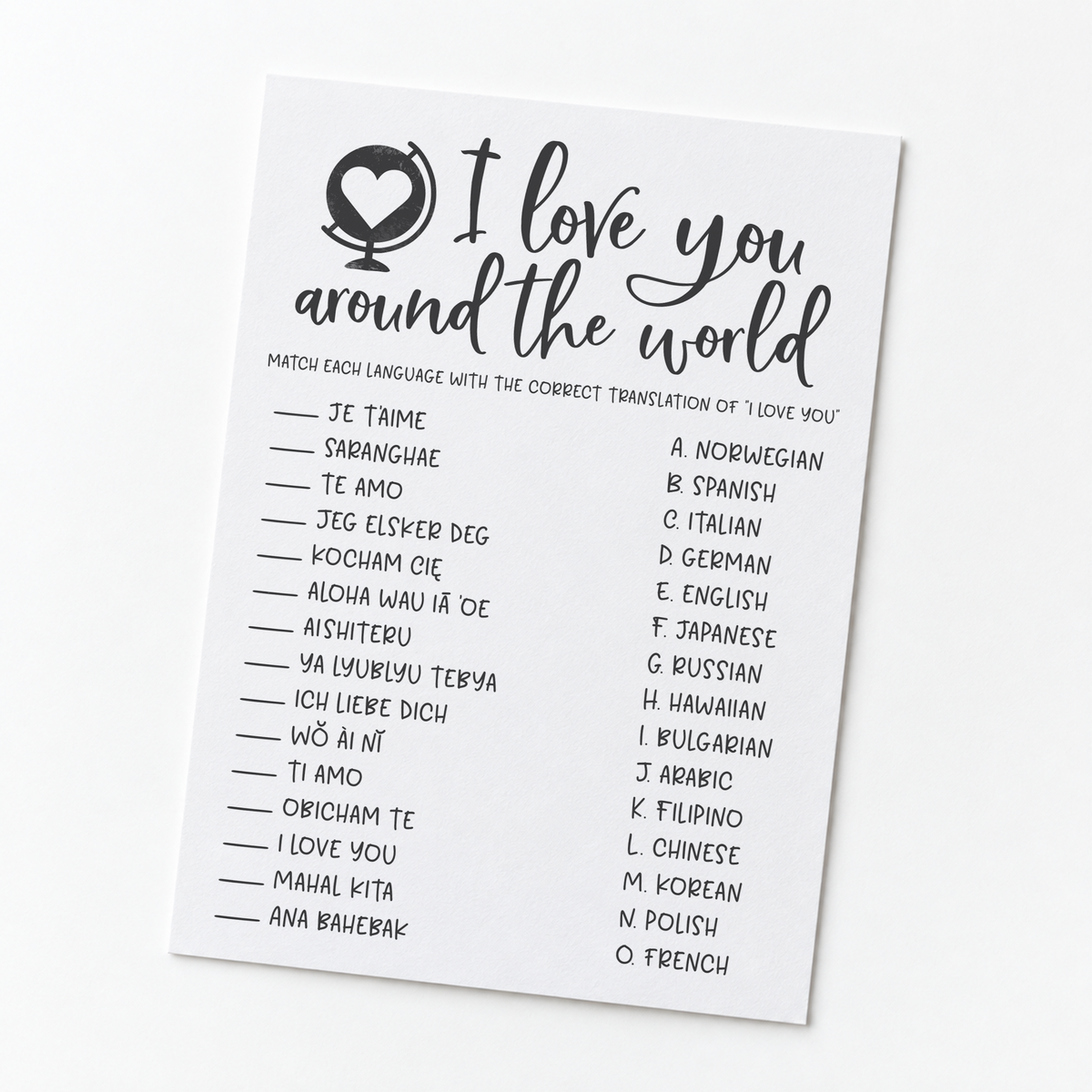I Love You Around The World Bridal Shower Game