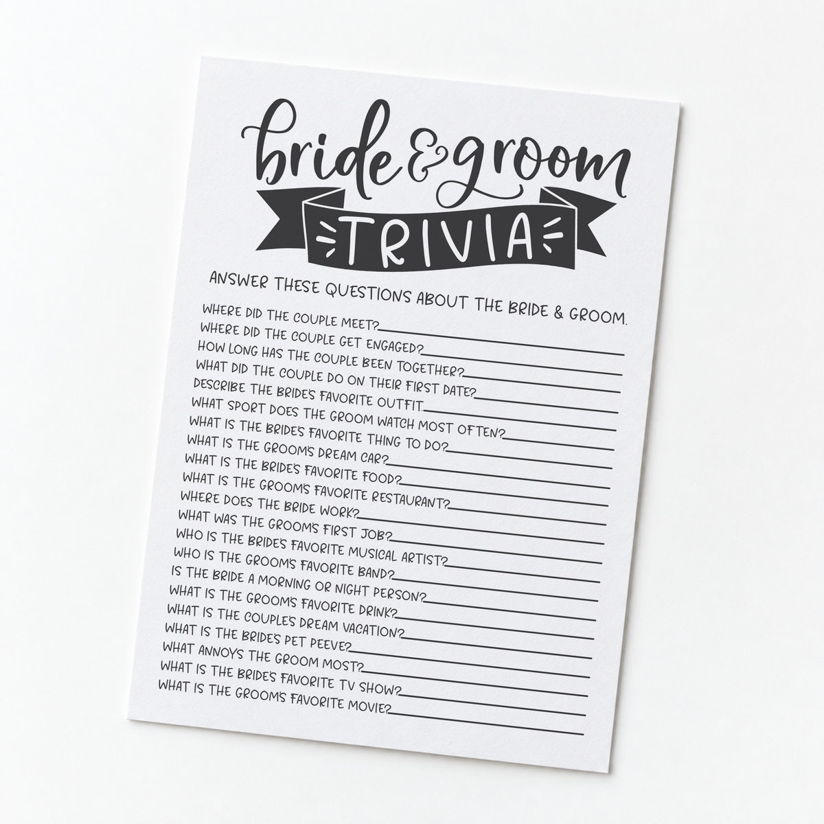 Bride Groom Trivia Bridal Shower Game
