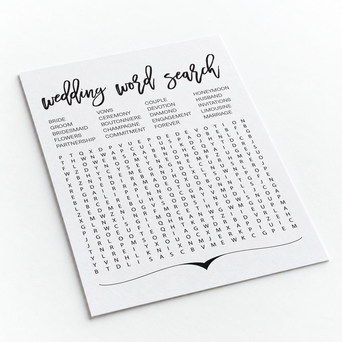 Wedding Word Search Bridal Shower Game
