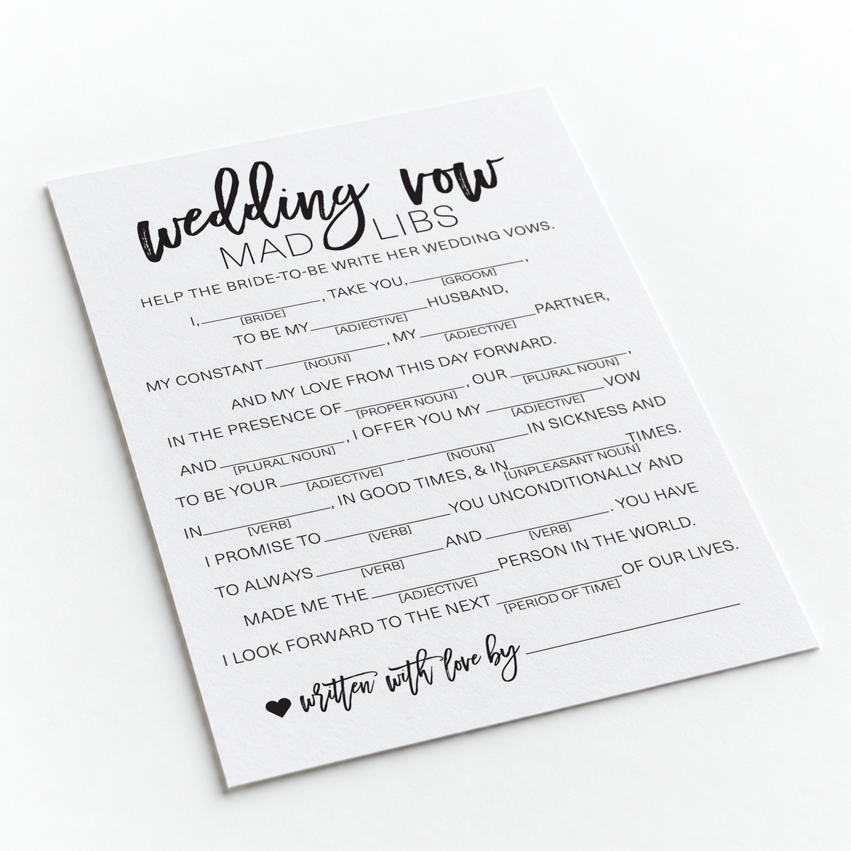 Wedding Vow Mad Libs Bridal Shower Game