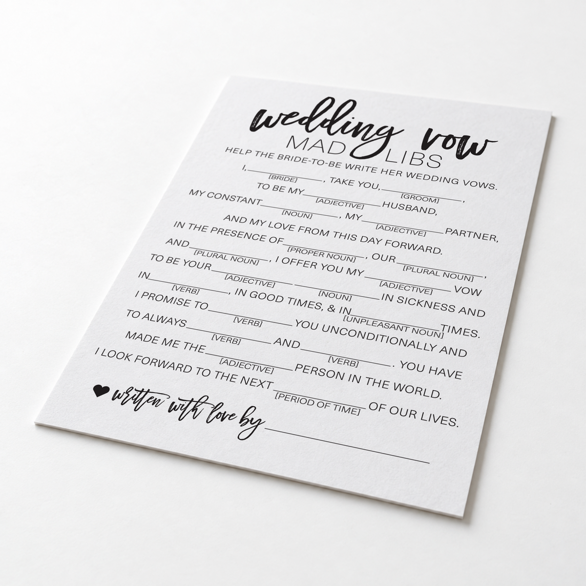 Wedding Vow Mad Libs Bridal Shower Game