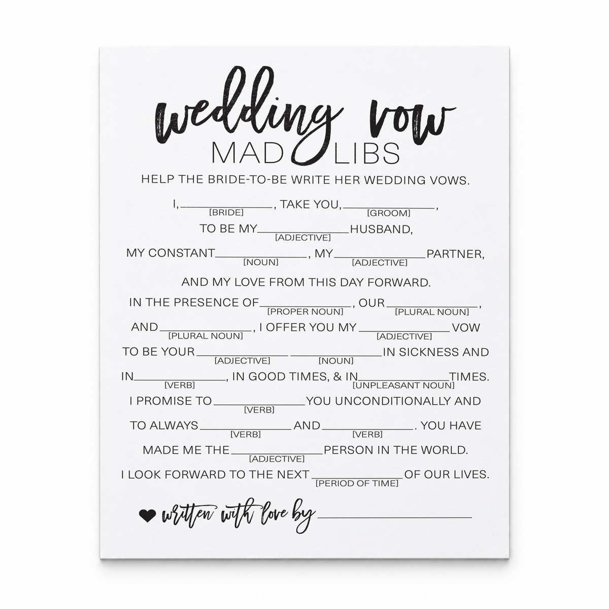 Wedding Vow Mad Libs Bridal Shower Game