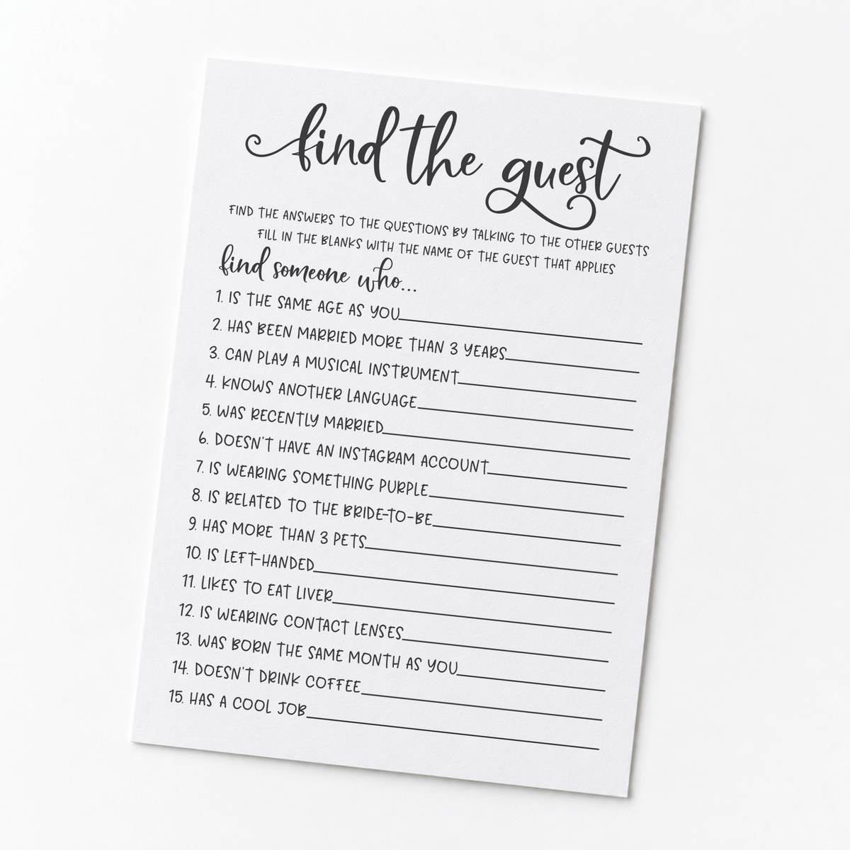 Find The Guest Bridal Shower Game