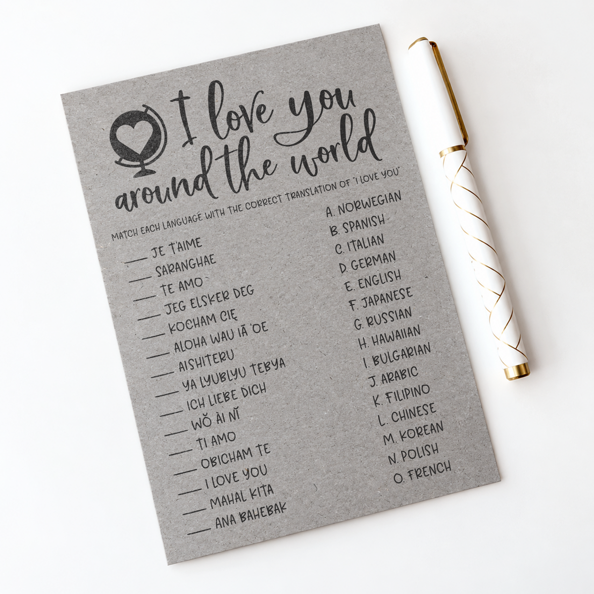 I Love You Around The World Bridal Shower Game