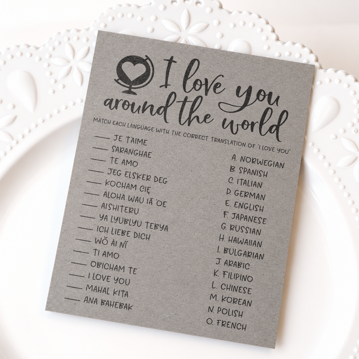 I Love You Around The World Bridal Shower Game