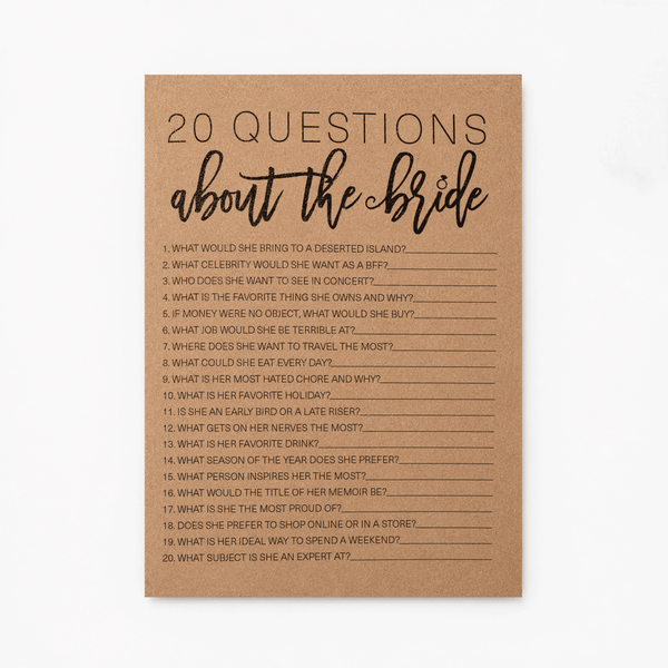 20 Questions about the Bride Bridal Shower Game