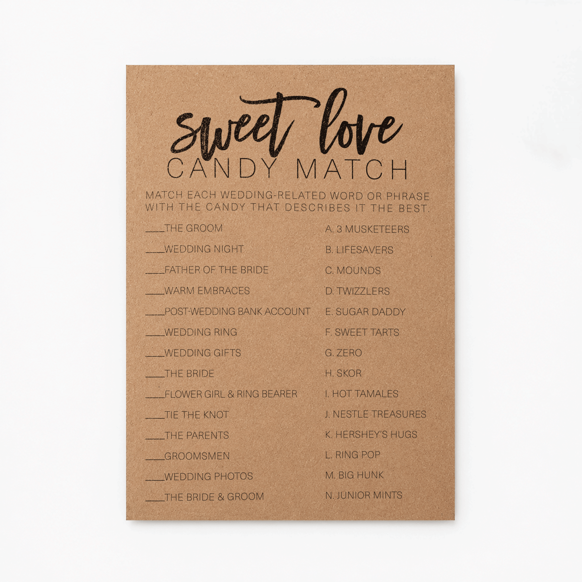 Sweet Love Candy Match Bridal Shower Game