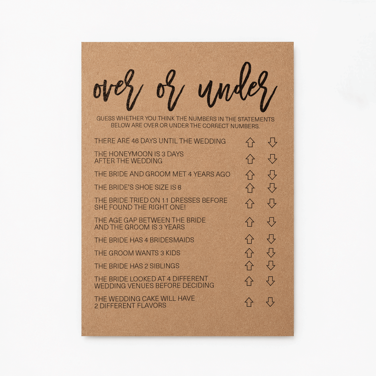 Over or Under Bridal Shower Game