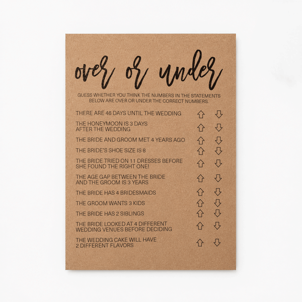 Over or Under Bridal Shower Game