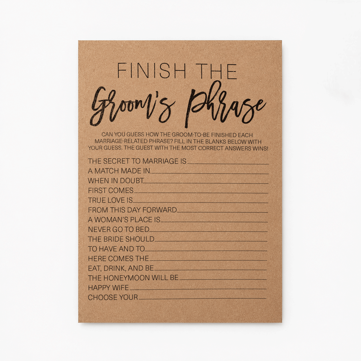 Finish the Groom's Phrase Bridal Shower Game