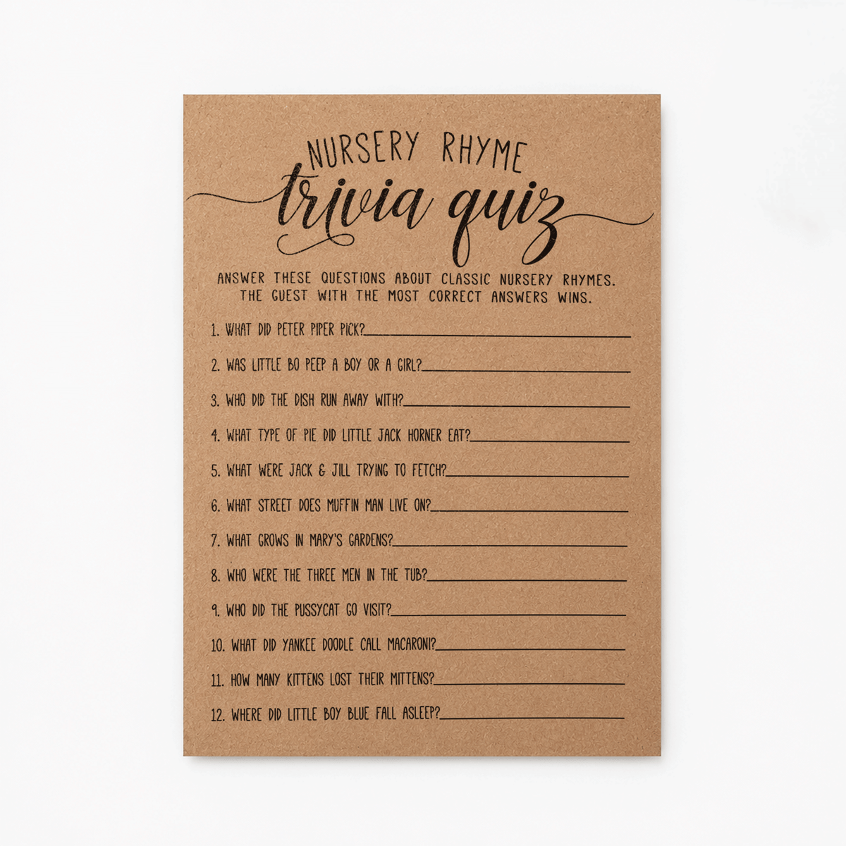 Nursery Rhyme Trivia Quiz Baby Shower Game