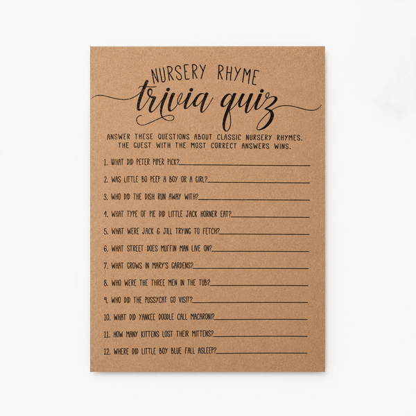 Nursery Rhyme Trivia Quiz Baby Shower Game