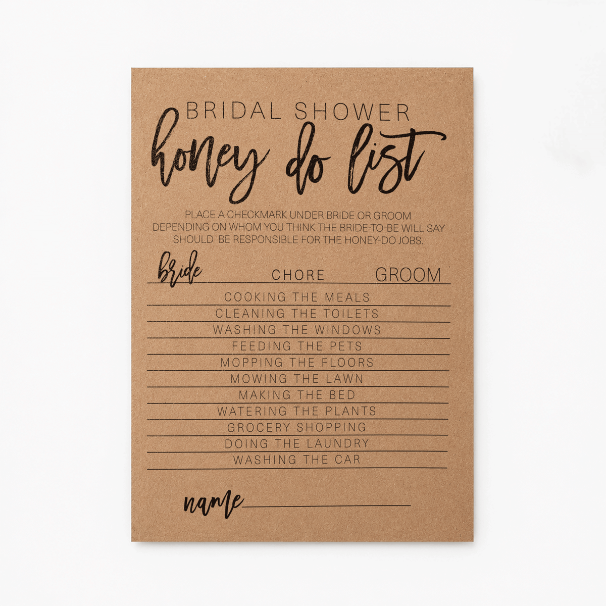 Bridal Shower Honey Do List Game