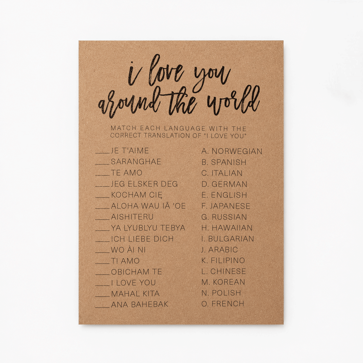 I Love You Around The World Bridal Shower Game