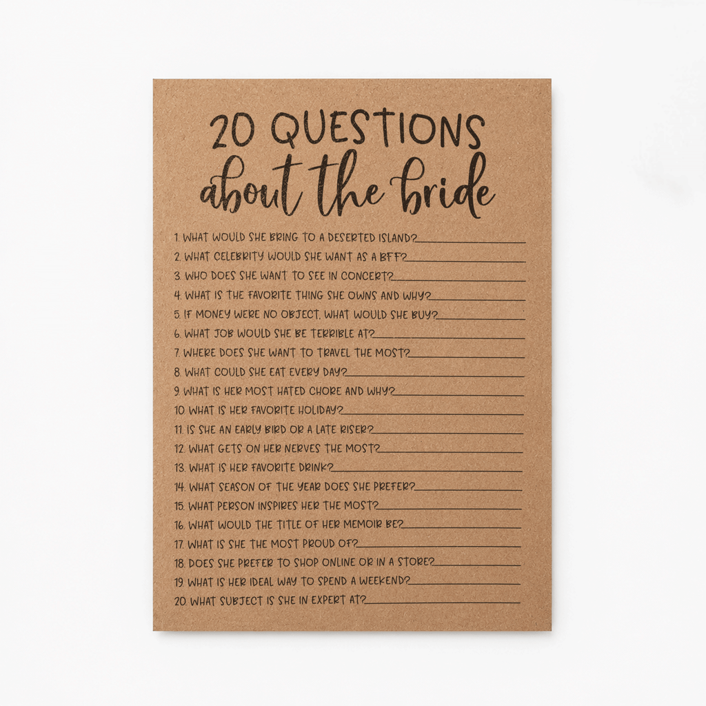 20 Questions about the Bride Bridal Shower Game