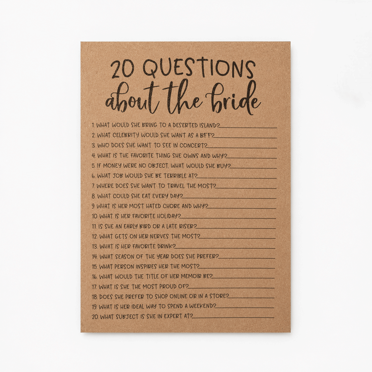 20 Questions about the Bride Bridal Shower Game