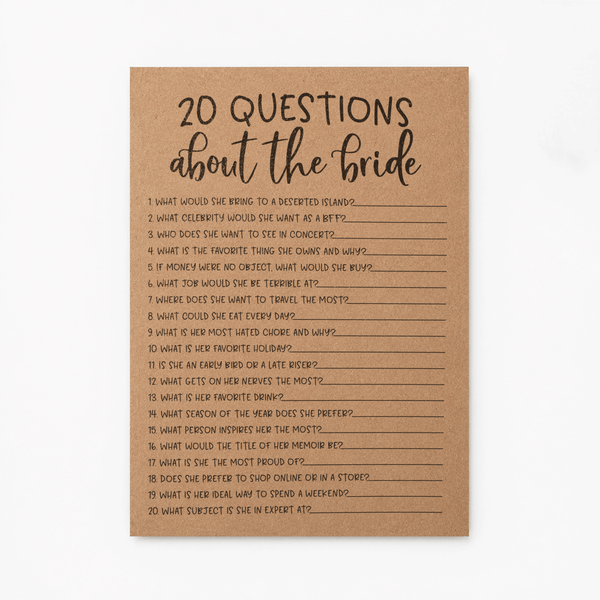 20 Questions about the Bride Bridal Shower Game