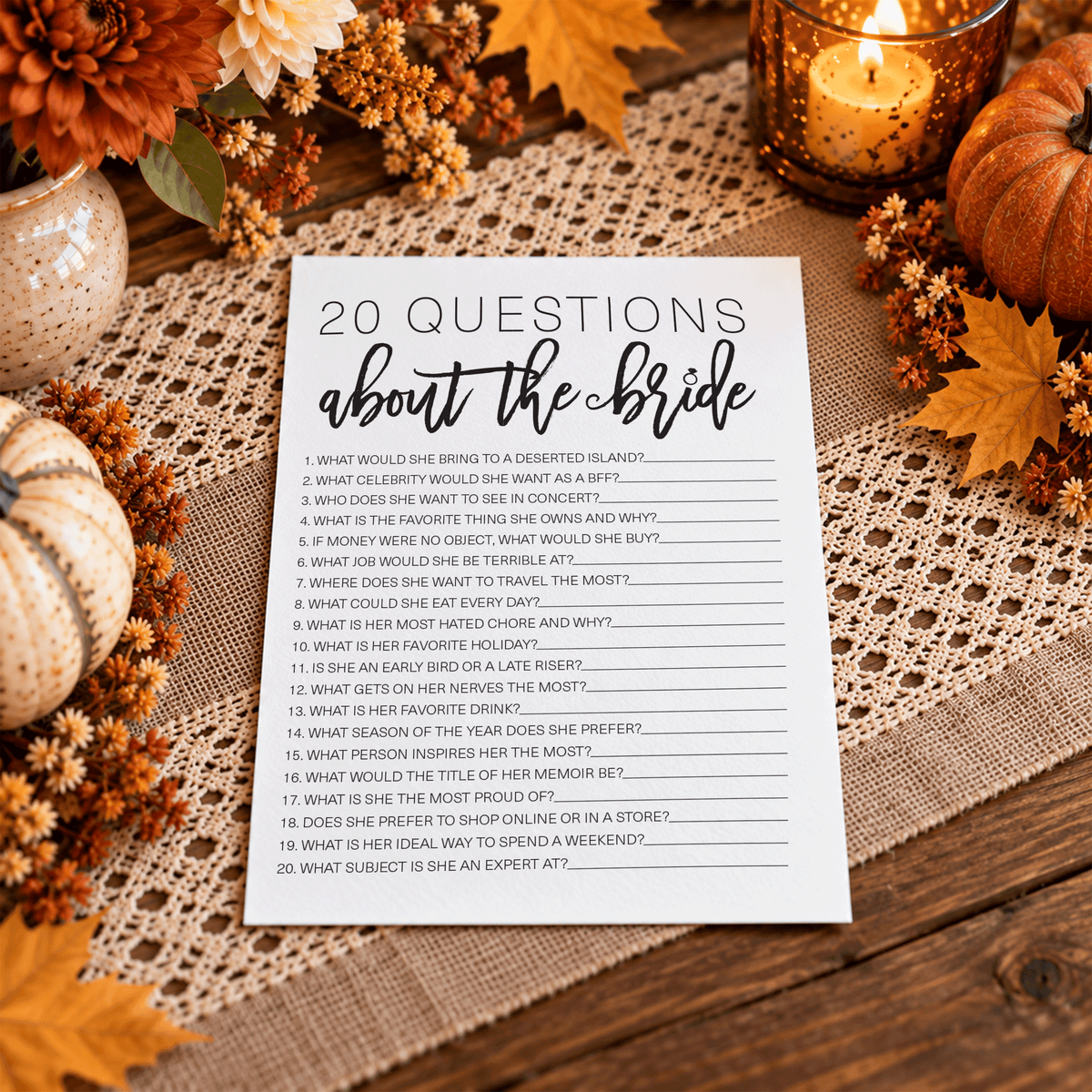 20 Questions about the Bride Bridal Shower Game