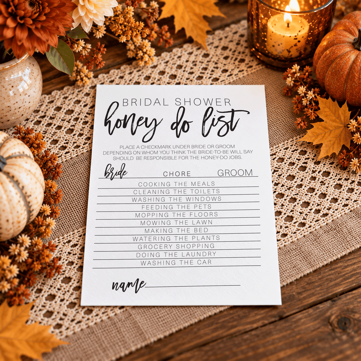 Bridal Shower Honey Do List Game