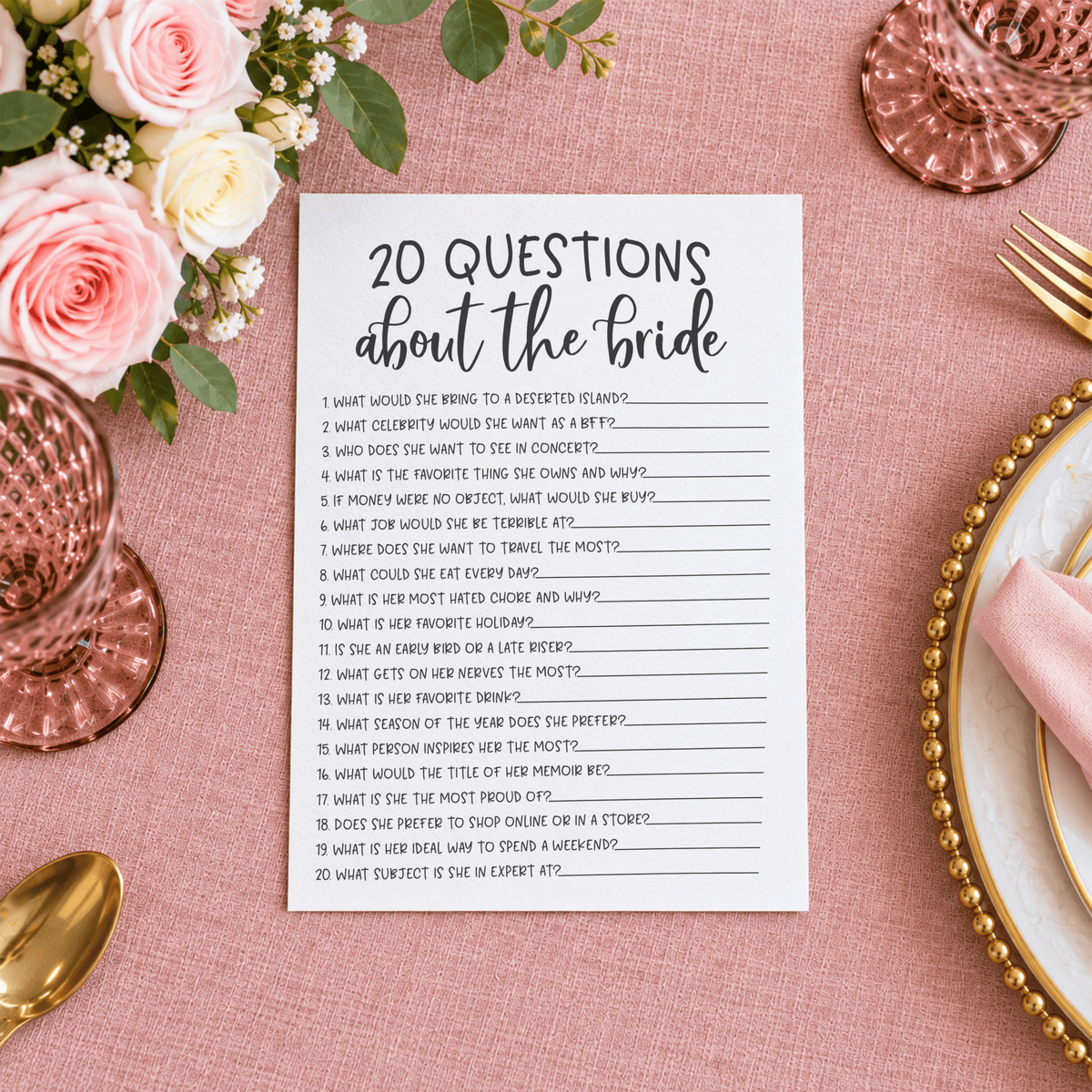 20 Questions about the Bride Bridal Shower Game