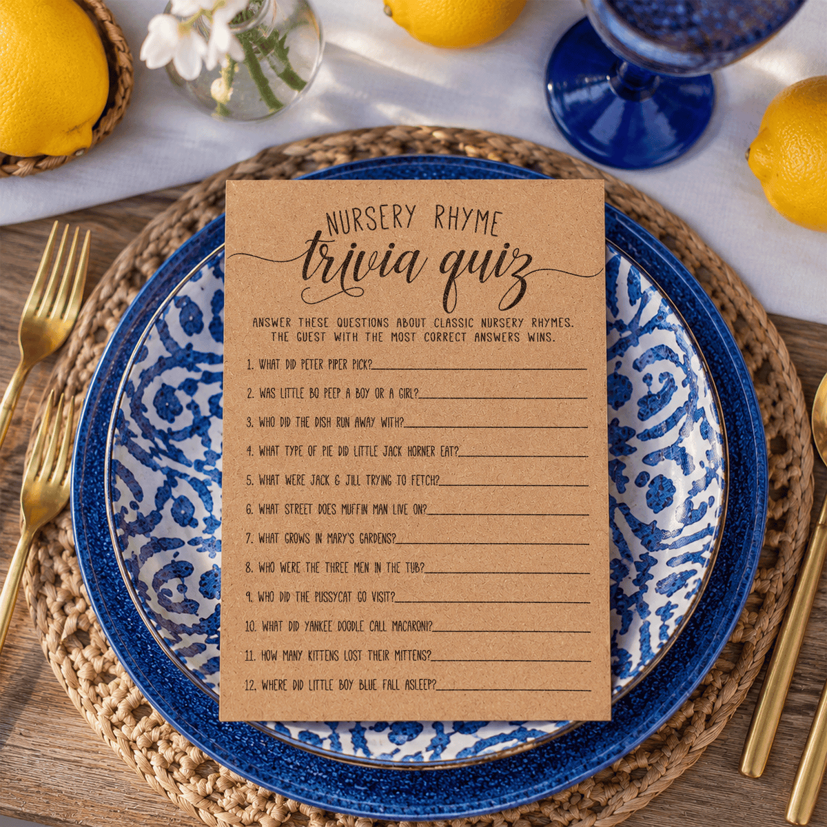 Nursery Rhyme Trivia Quiz Baby Shower Game