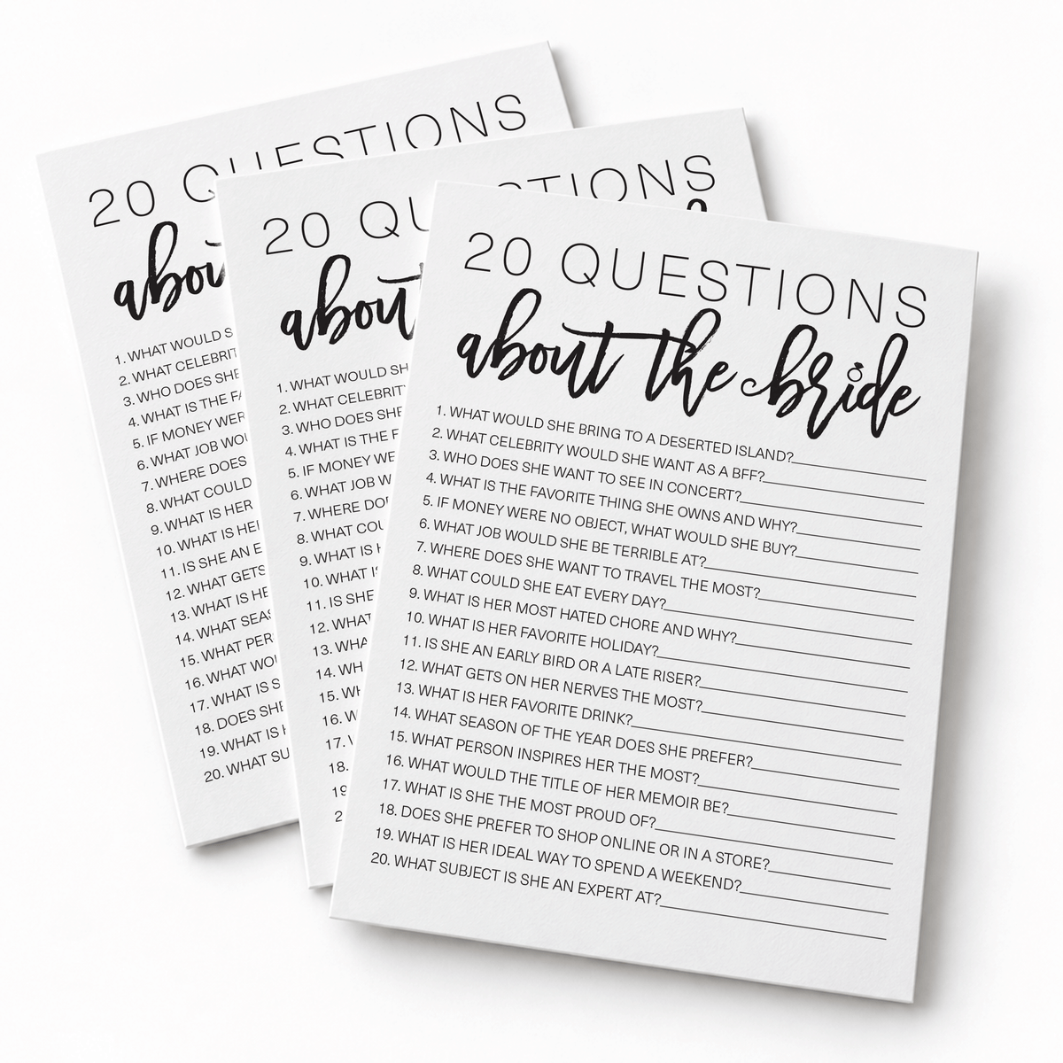 20 Questions about the Bride Bridal Shower Game