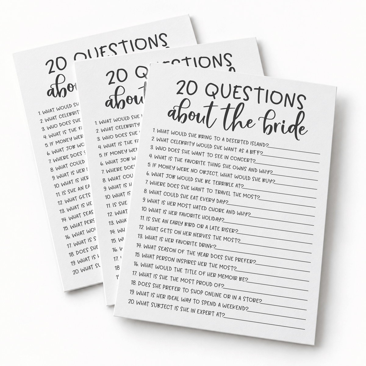 20 Questions about the Bride Bridal Shower Game