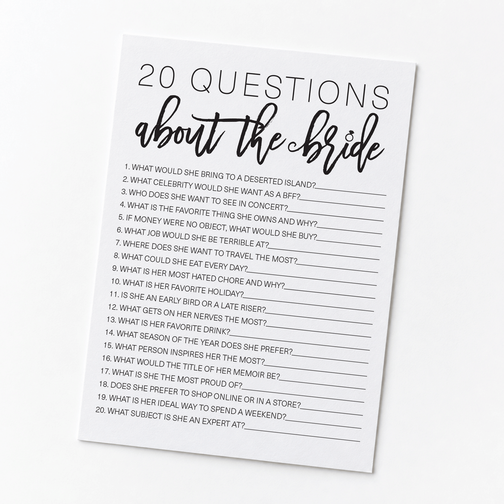 20 Questions about the Bride Bridal Shower Game