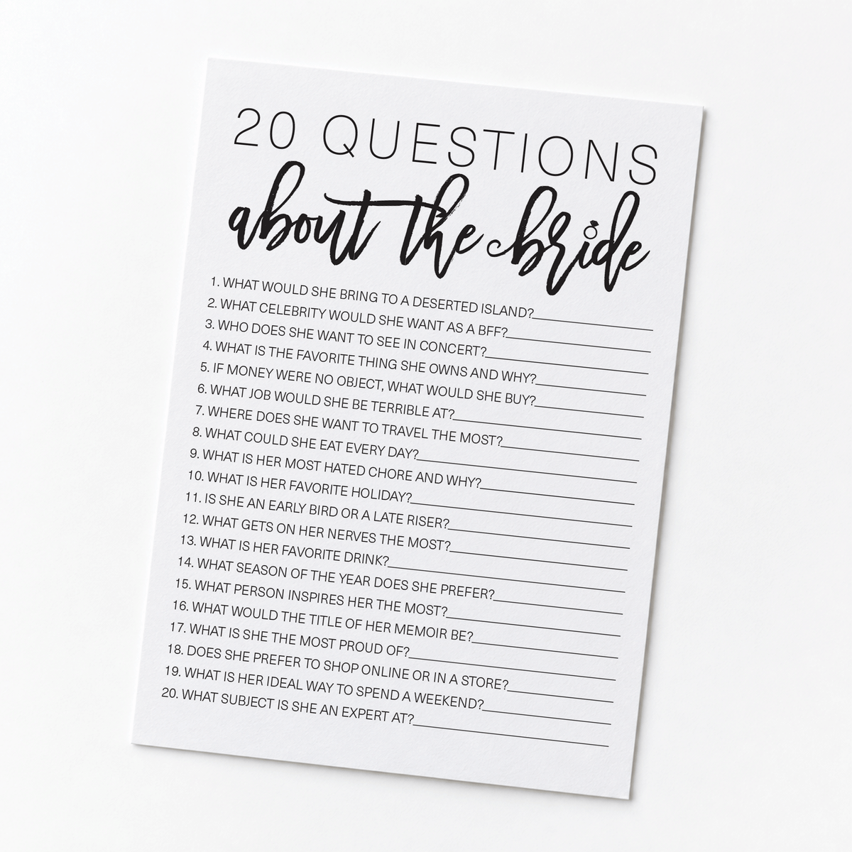 20 Questions about the Bride Bridal Shower Game