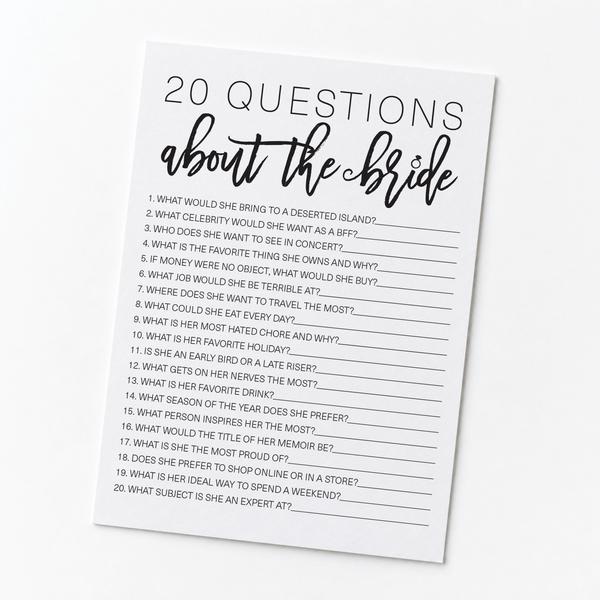20 Questions about the Bride Bridal Shower Game