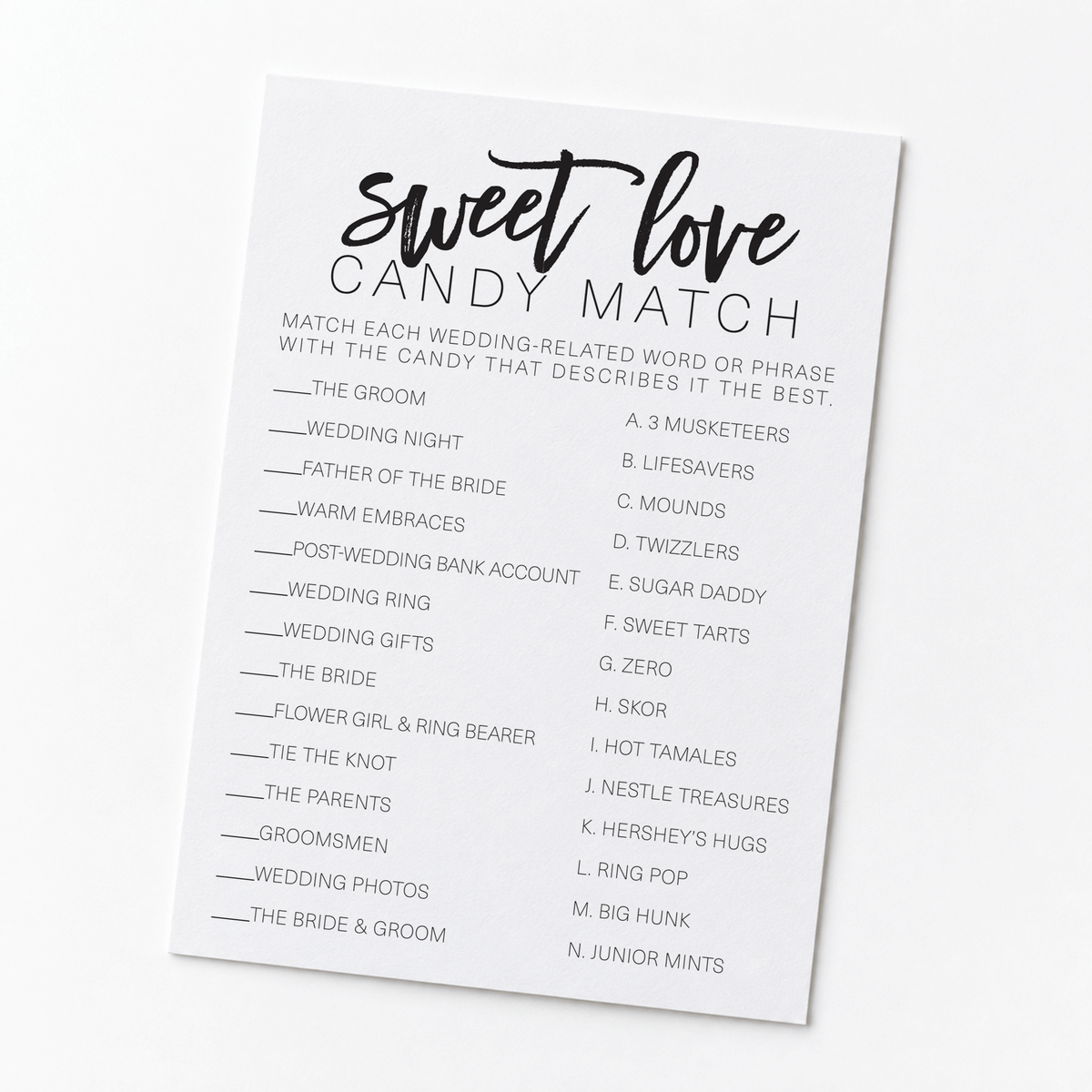 Sweet Love Candy Match Bridal Shower Game