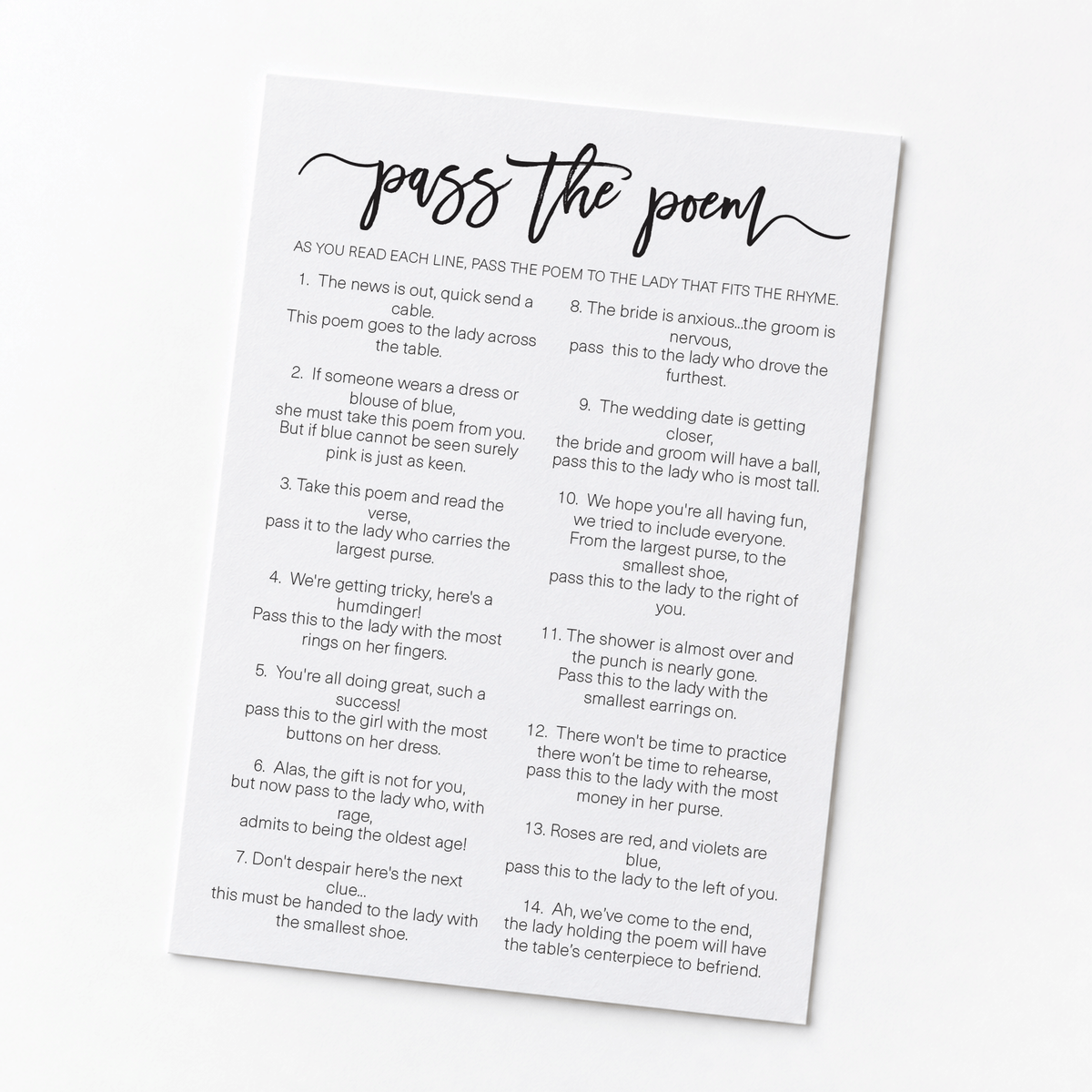 Pass The Poem Bridal Shower Game