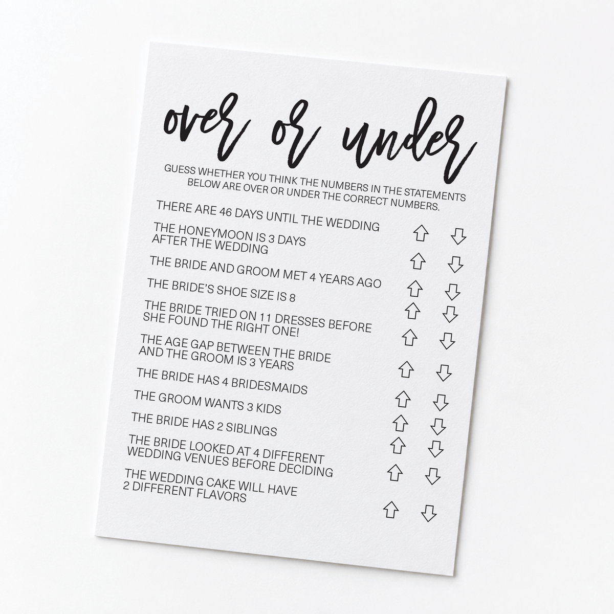 Over or Under Bridal Shower Game