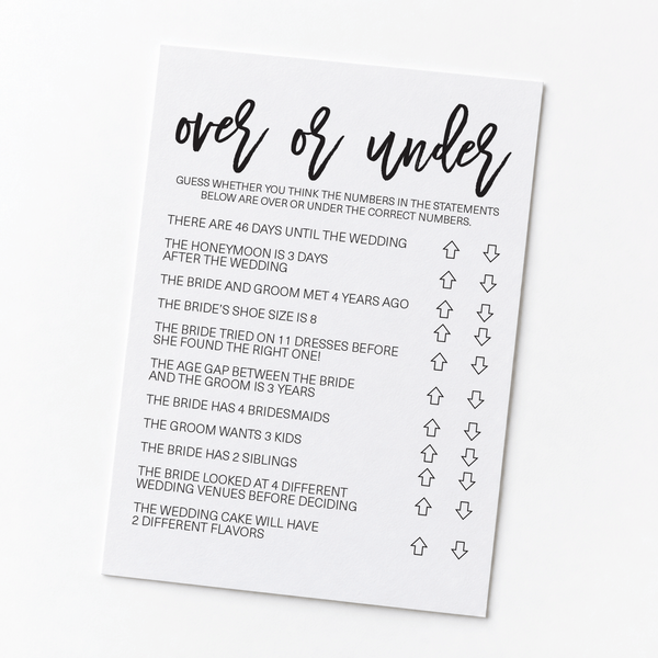 Over or Under Bridal Shower Game