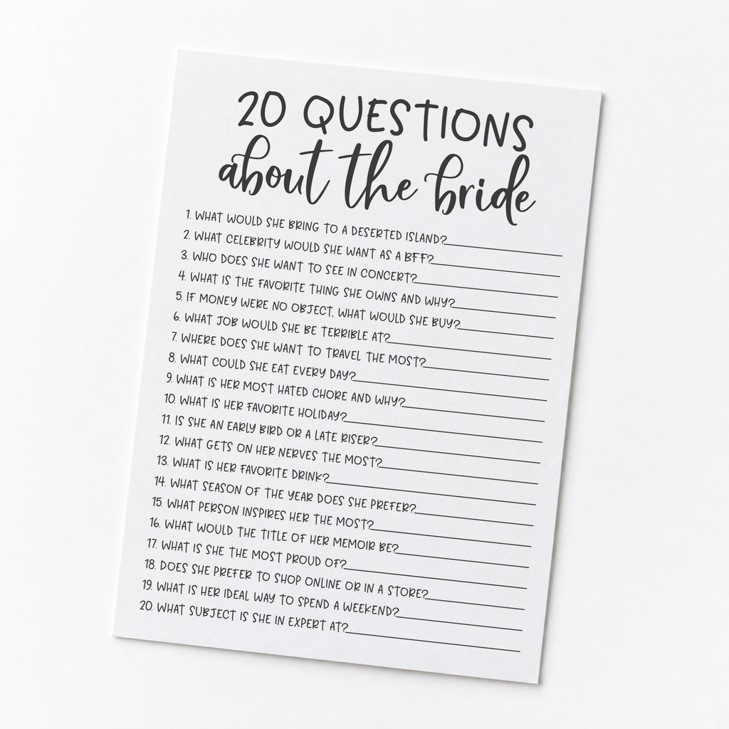 20 Questions about the Bride Bridal Shower Game