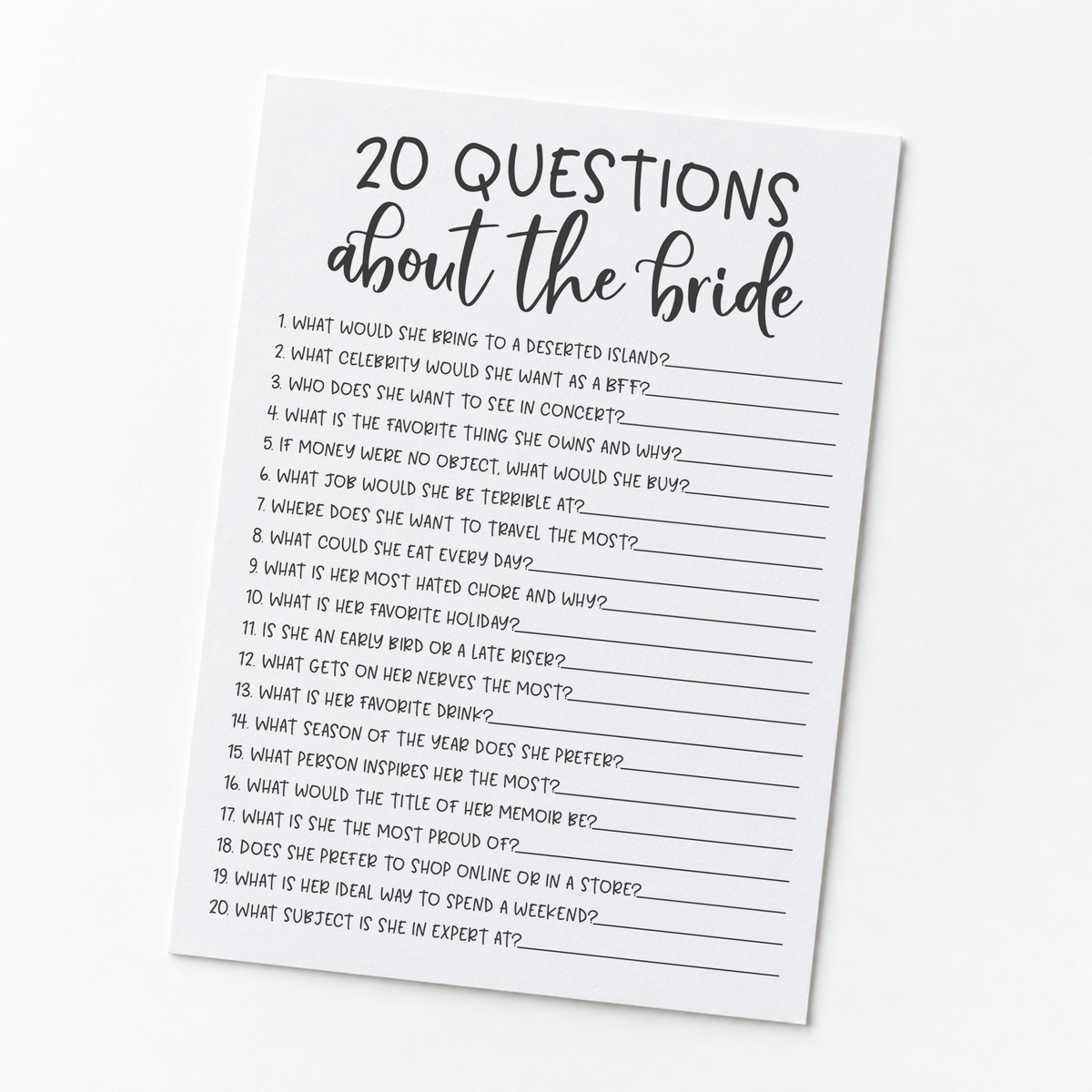20 Questions about the Bride Bridal Shower Game