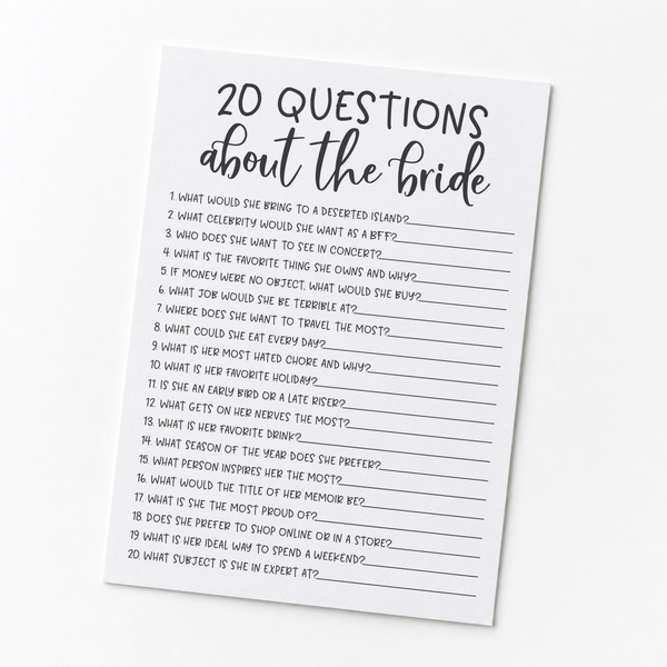 20 Questions about the Bride Bridal Shower Game