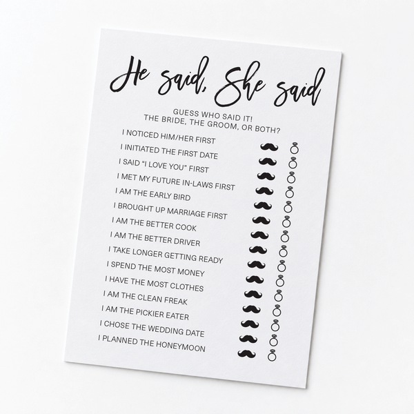 He Said She Said Bridal Shower Game