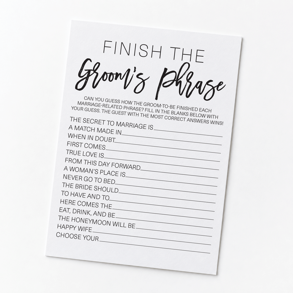 Finish the Groom's Phrase Bridal Shower Game