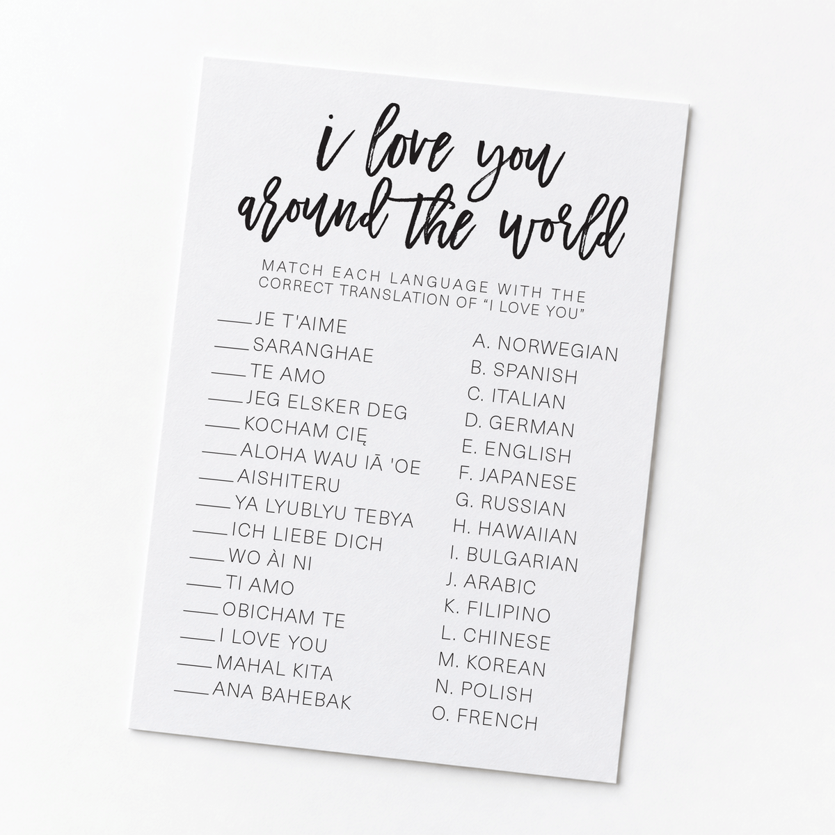 I Love You Around The World Bridal Shower Game