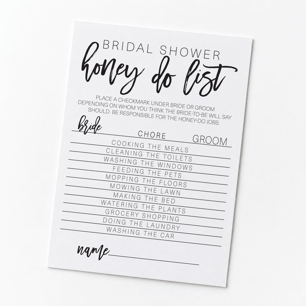 Bridal Shower Honey Do List Game