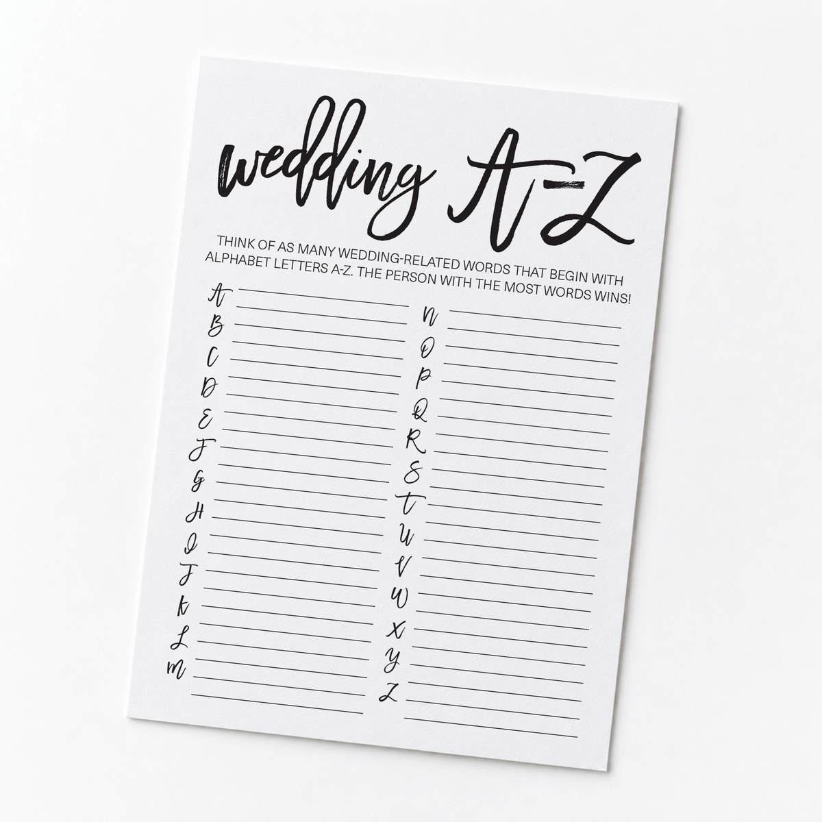 Wedding A-Z Bridal Shower Game
