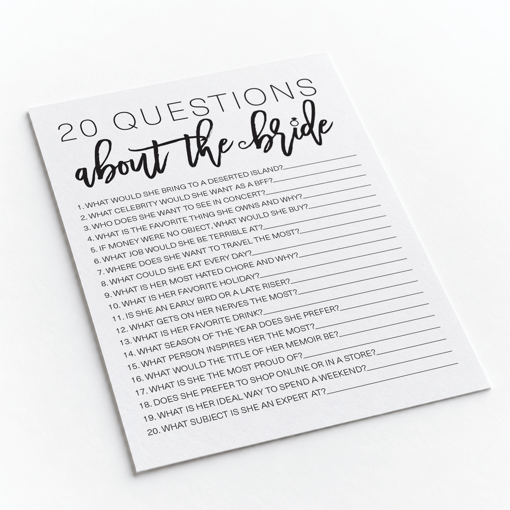 20 Questions about the Bride Bridal Shower Game