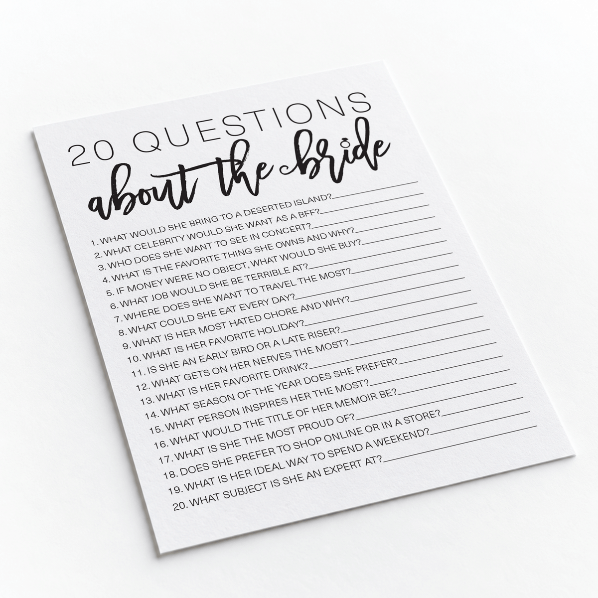 20 Questions about the Bride Bridal Shower Game