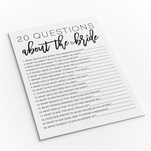 20 Questions about the Bride Bridal Shower Game