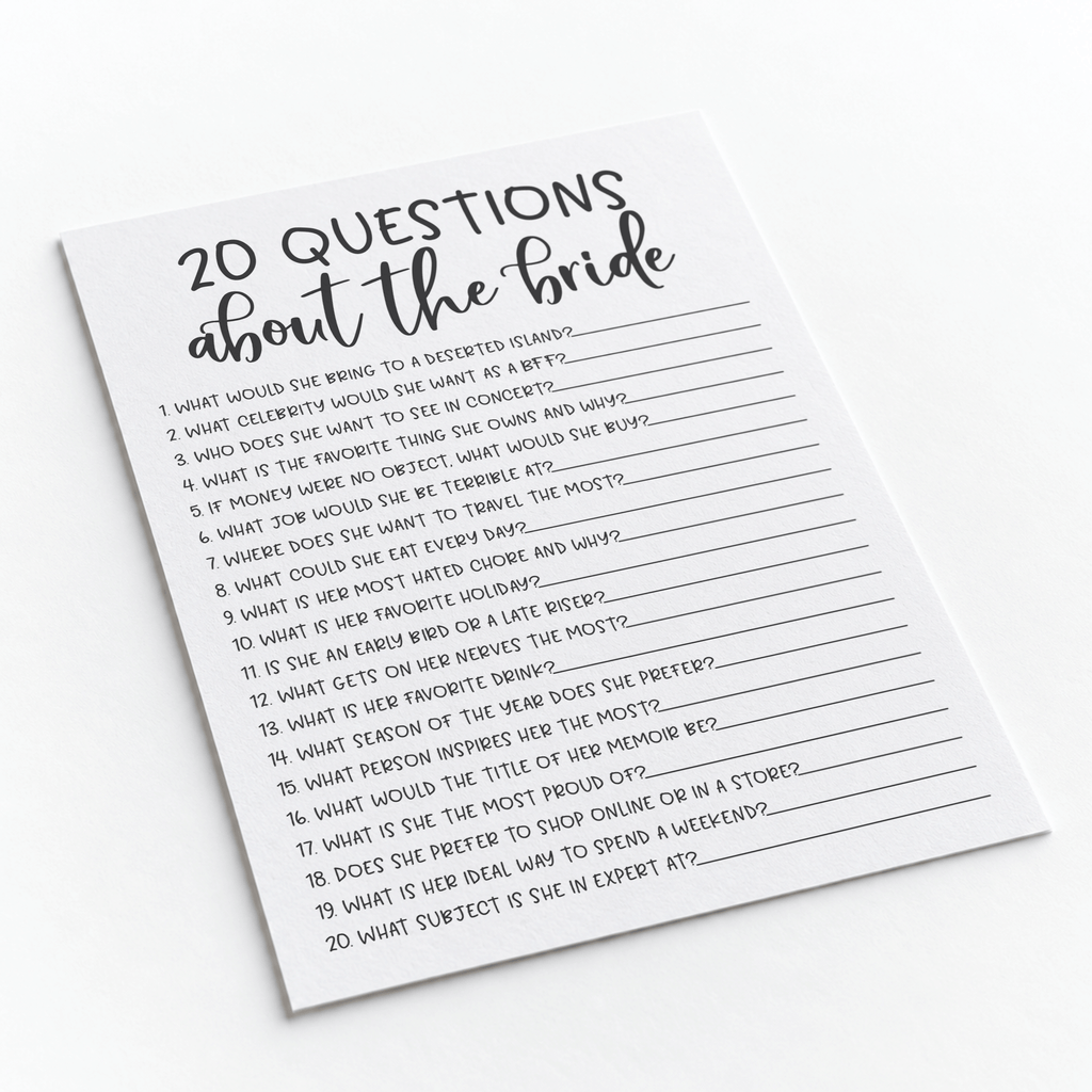 20 Questions about the Bride Bridal Shower Game